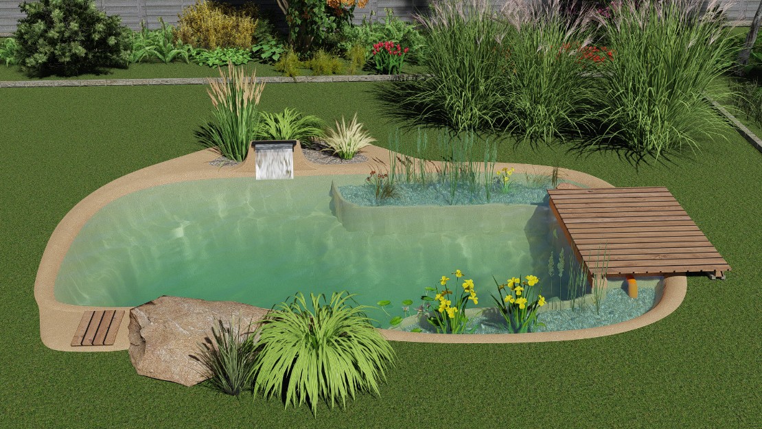 Gartenlagune-Schwimmteich-Seitenansicht Gartenlagune-Schwimmteich-Seitenansicht